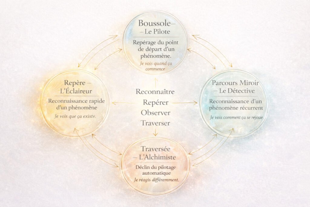 Ce schéma montre qu'un chemin peut être exploré à différentes profondeurs, en fonction de la sensibilité et des objectifs de chacun, sans ordre établi. Ainsi, un chemin peut être exploré par 4 entrées différentes et complémentaires